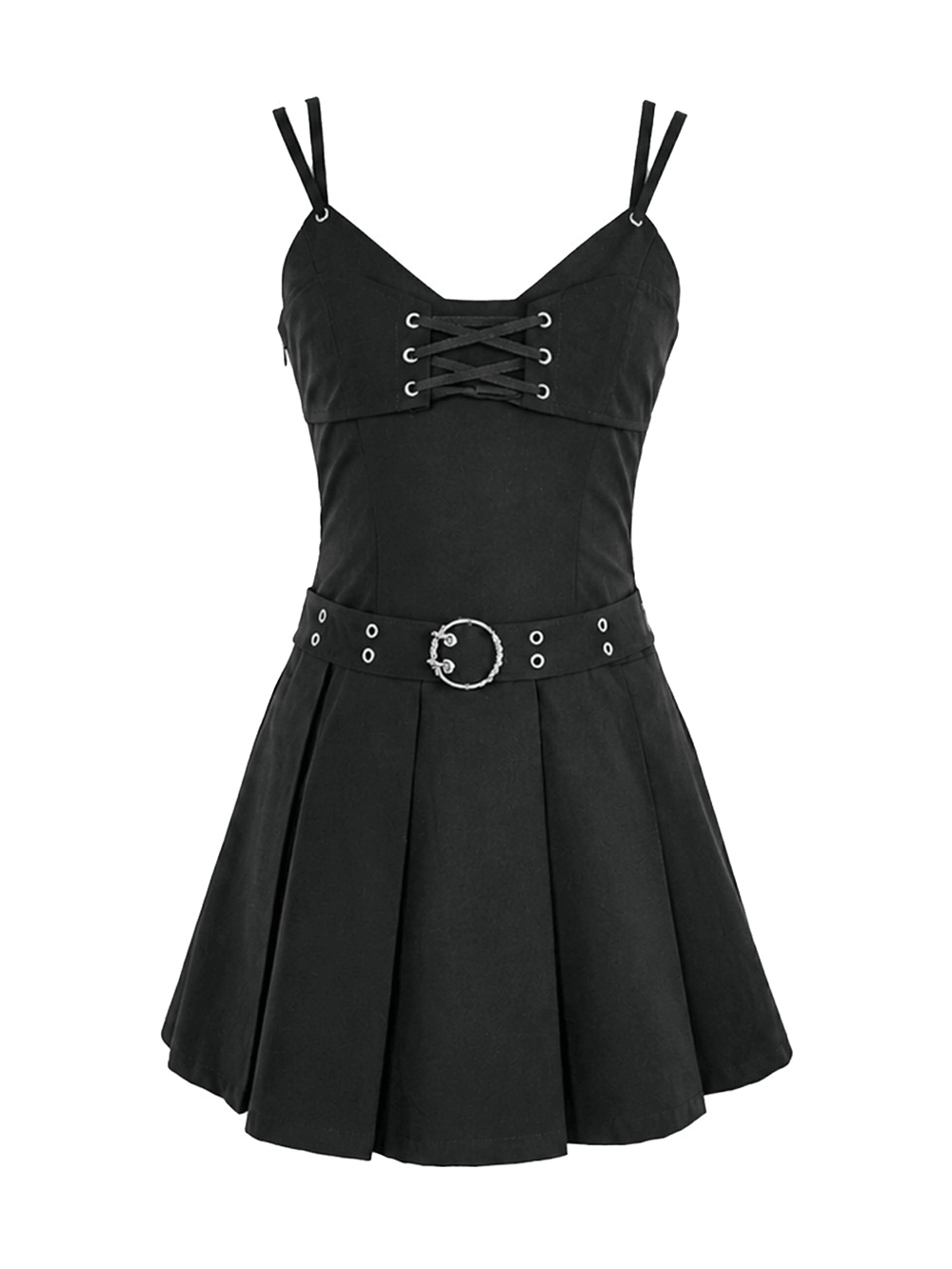 Pleated Mini Dress with Corset Lace-Up Back Detail, black sleeveless punk skater dress with buckled waist and eyelets