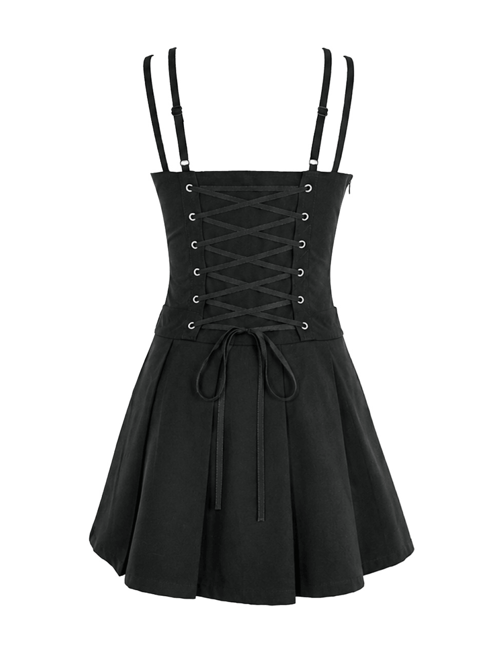 Pleated Mini Dress with Corset Lace-Up Back Detail black sleeveless skater dress with buckled waist and eyelets