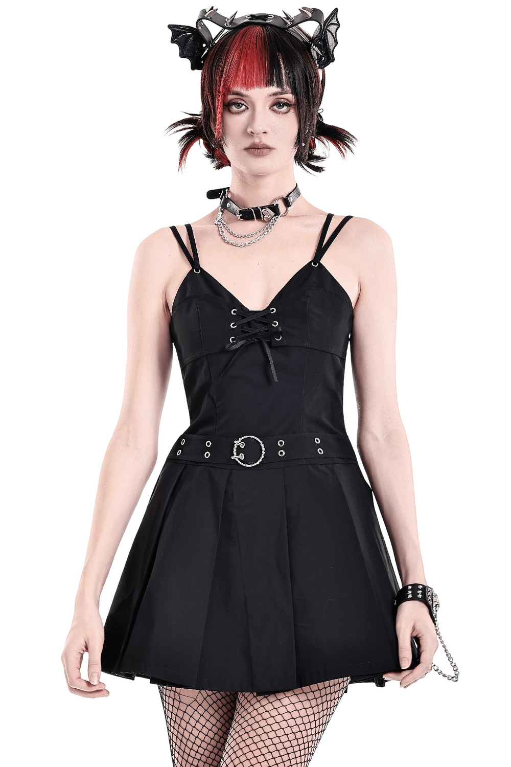 Pleated Mini Dress with Corset Lace-Up Back Detail, black punk sleeveless skater dress with buckled waist and eyelets