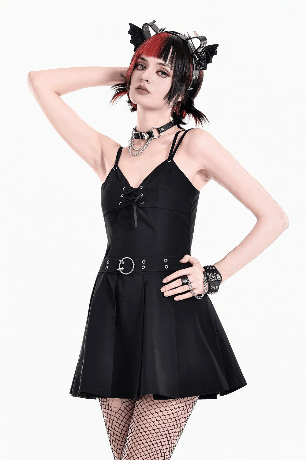 Pleated Mini Dress with Corset Lace-Up Back Detail black punk skater dress with buckled waist, eyelets, and pleated skirt