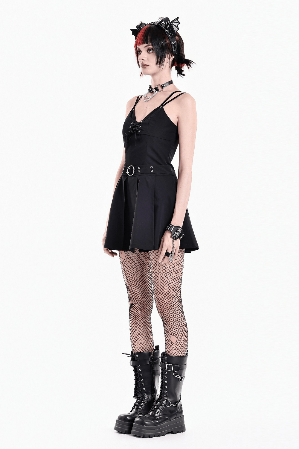 Pleated Mini Dress with Corset Lace-Up Back Detail punk black sleeveless skater dress with belt, eyelets, and pleated skirt