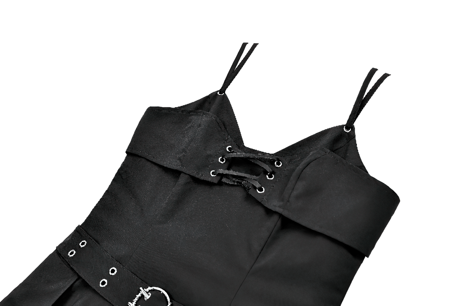 Pleated Mini Dress with Corset Lace-Up Back Detail, black punk sleeveless skater dress with buckled waist and eyelets