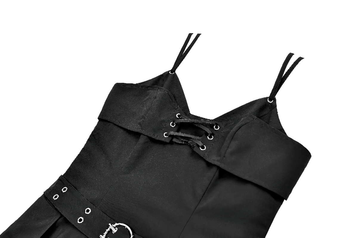 Pleated Mini Dress with Corset Lace-Up Back Detail, black punk sleeveless skater dress with buckled waist and eyelets
