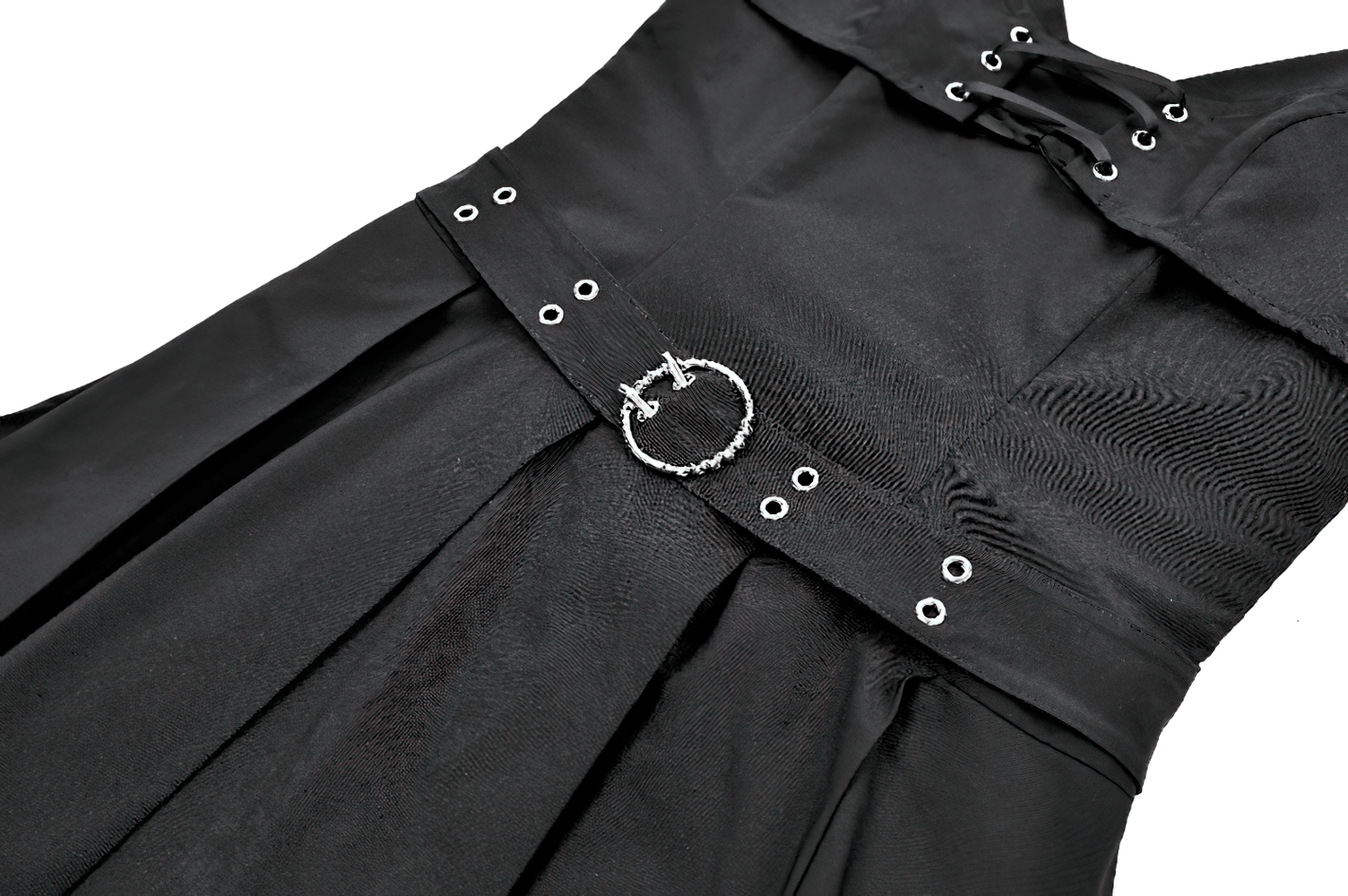 Pleated Mini Dress with Corset Lace-Up Back Detail, punk black sleeveless skater dress with buckled waist and eyelets