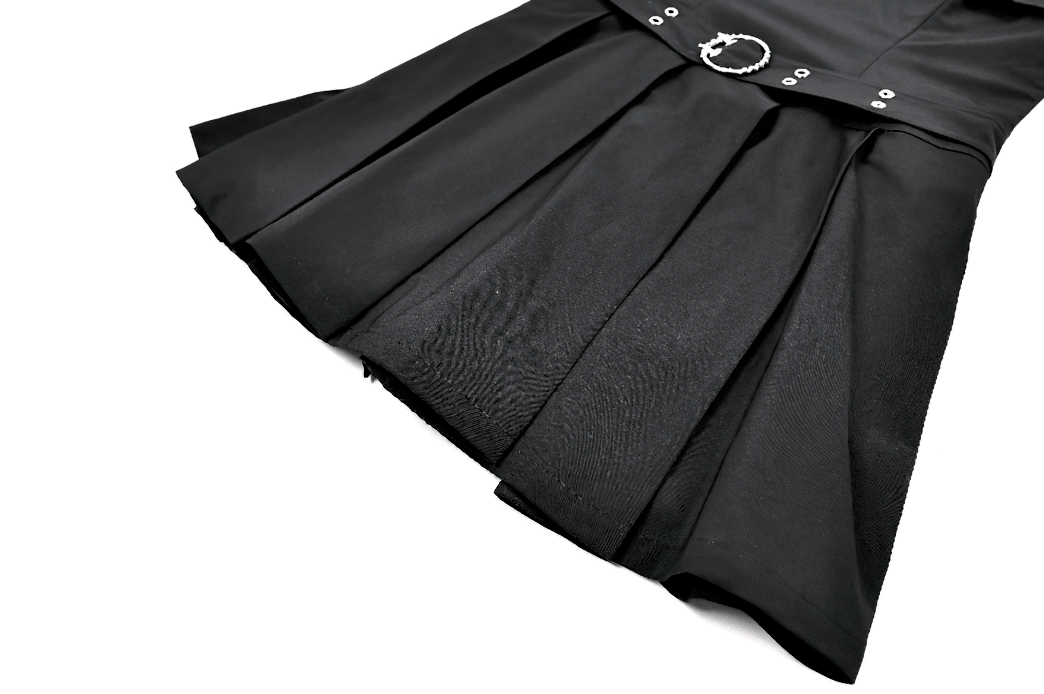 Pleated Mini Dress with Corset Lace-Up Back Detail black skater dress with buckle waist and eyelet accents