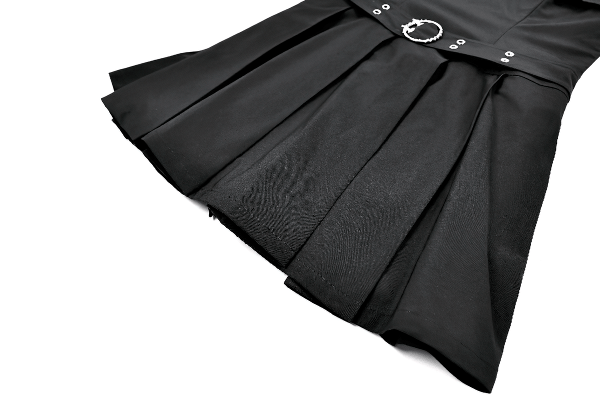 Pleated Mini Dress with Corset Lace-Up Back Detail black skater dress with buckle waist and eyelet accents