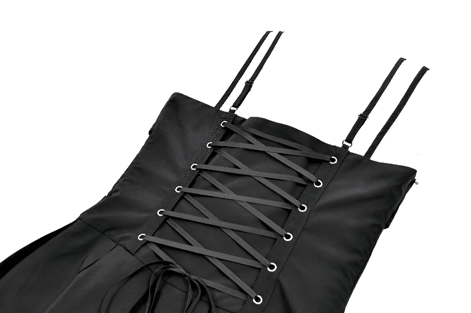 Pleated Mini Dress with Corset Lace-Up Back Detail, black sleeveless punk skater dress with lace-up back and buckled waist