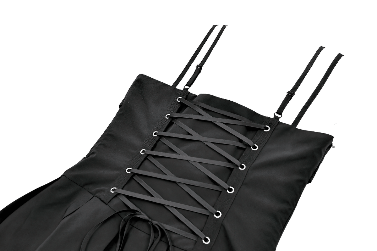 Pleated Mini Dress with Corset Lace-Up Back Detail, black sleeveless punk skater dress with lace-up back and buckled waist