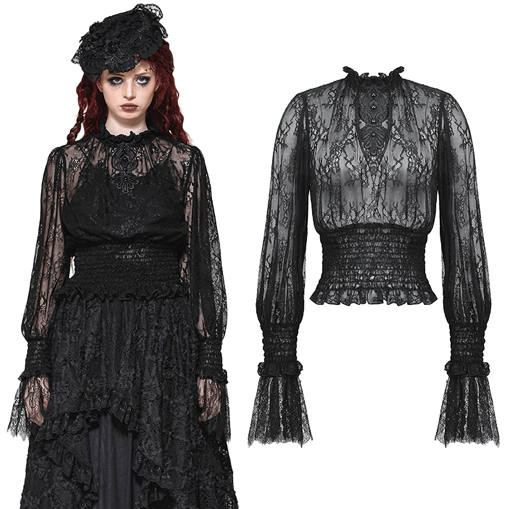 Elegant black sheer lace top featuring Victorian design, smocked waist, and delicate flared cuffs for a romantic look.