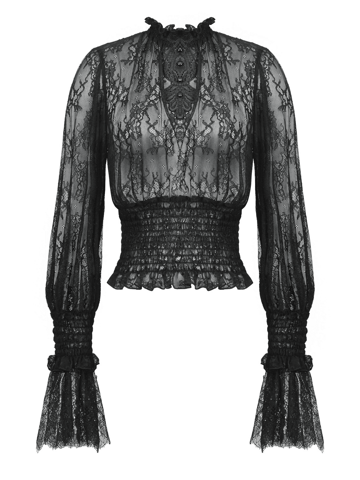 Elegant sheer lace top with Victorian design, featuring ruffled cuffs and smocked waist for a romantic look.