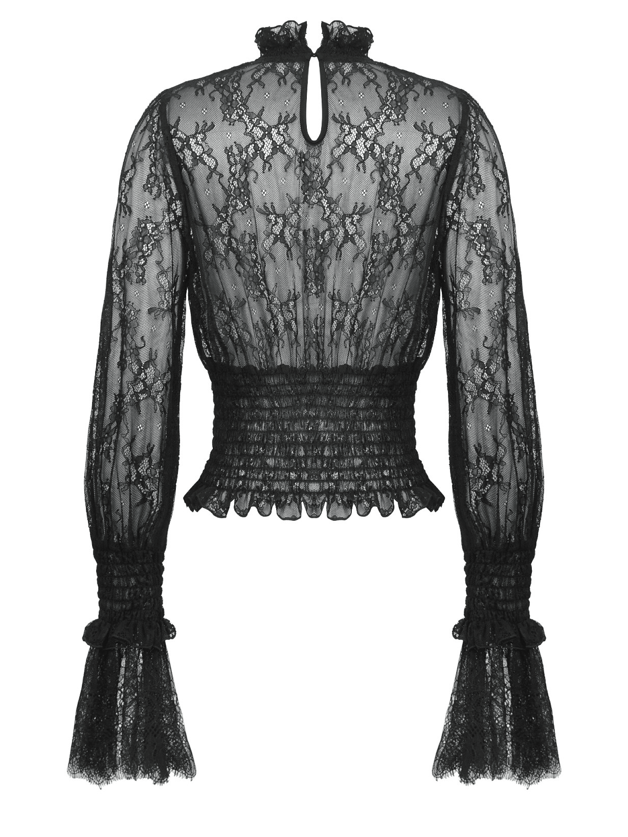 Back view of a pleated waist sheer lace top with Victorian design, featuring ruffled cuffs and elegance.