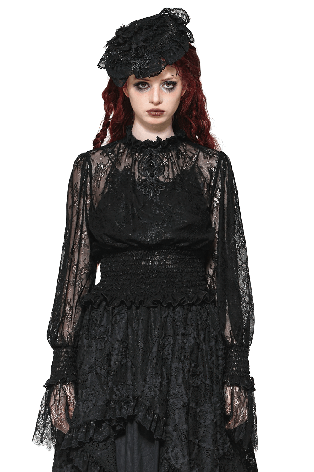 Elegant black sheer lace top with Victorian design, ruffled cuffs and smocked waist, perfect for a dramatic gothic look.