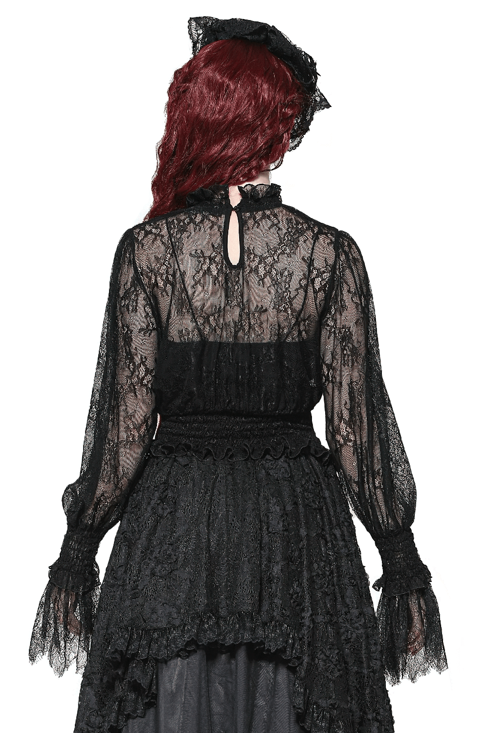 Elegant sheer black lace top with Victorian design, featuring ruffled cuffs and smocked waist.