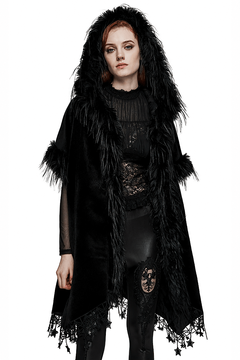 Plush Woven Goth Bat Cloak with Pentagram Lace Hem - HARD'N'HEAVY