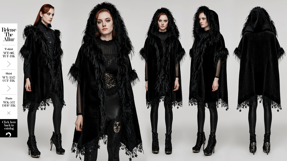 Plush Woven Goth Bat Cloak with Pentagram Lace Hem - HARD'N'HEAVY