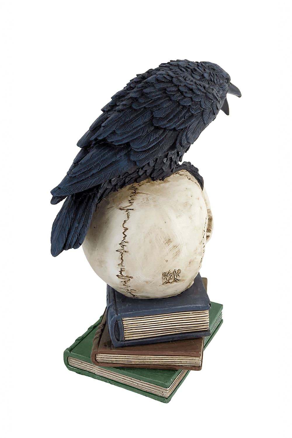Raven on skull figurine with stacked books, inspired by Poe's macabre art for gothic decor lovers.