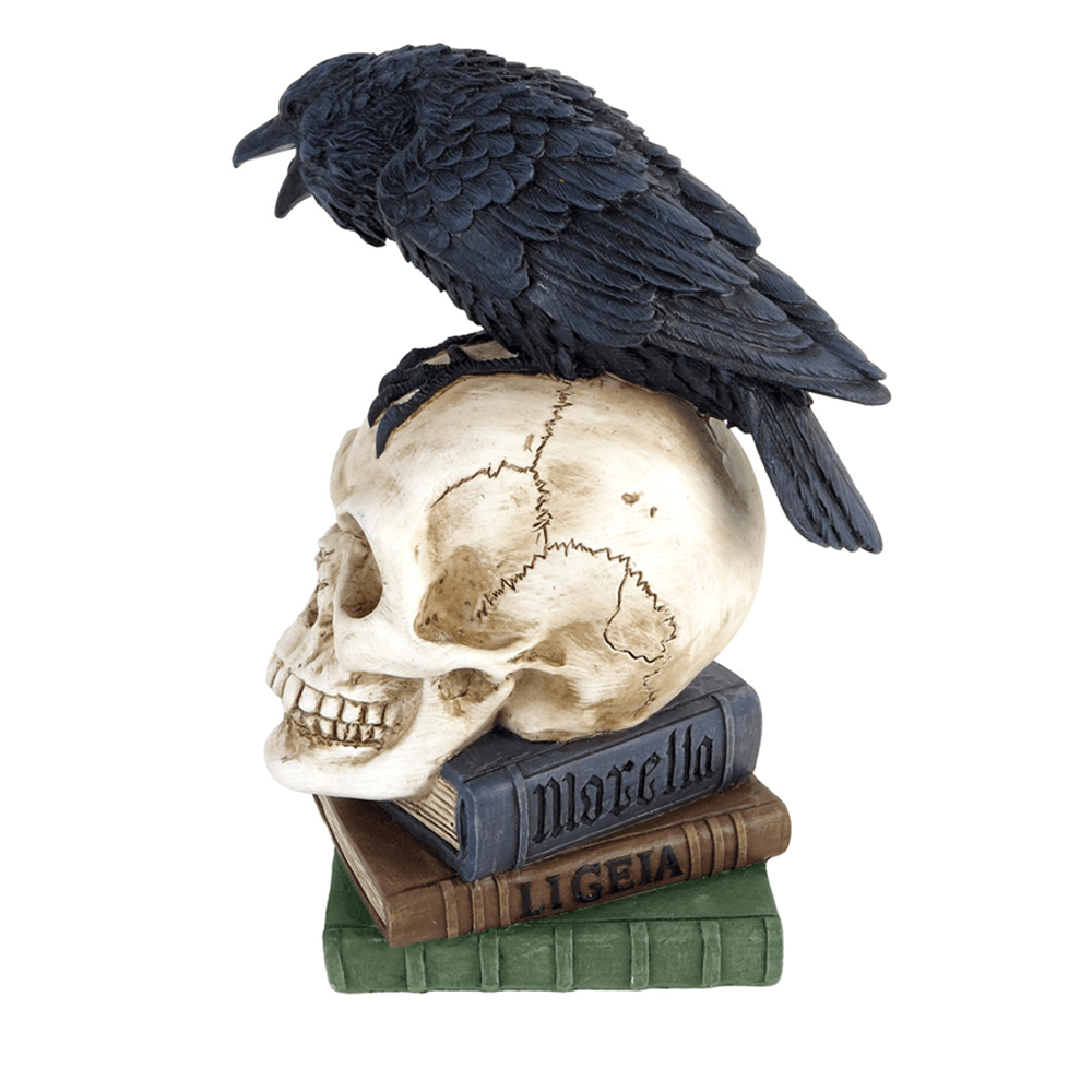 Poe's raven figurine on skull with stacked books, perfect for gothic decor and dark literature lovers.
