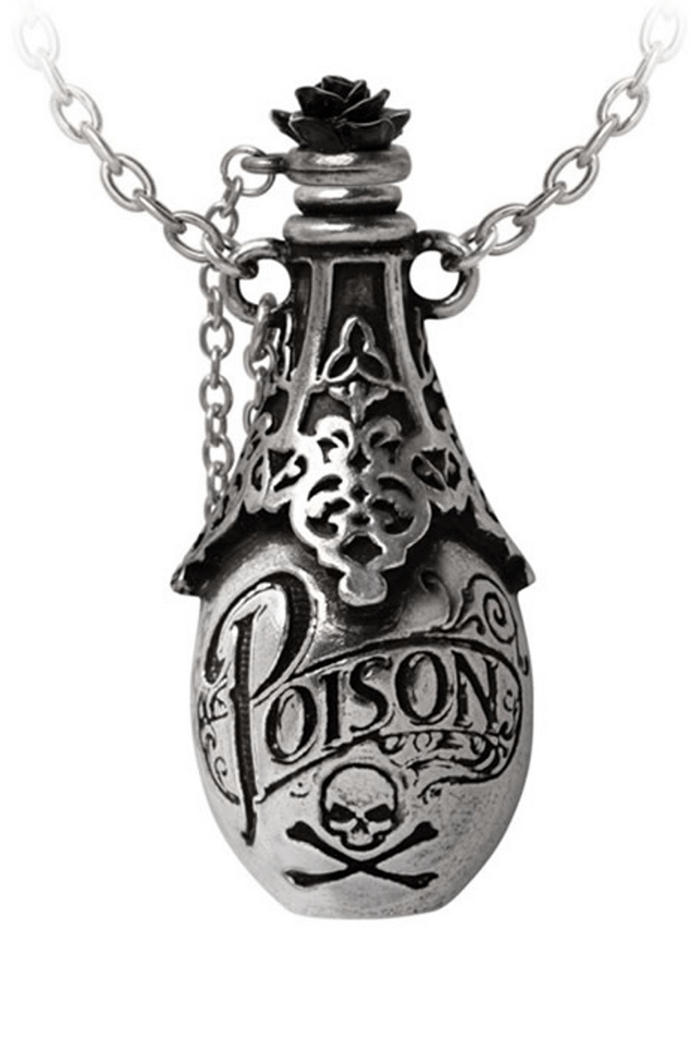 Vintage poison bottle pendant necklace with skull and black rose detail for dark elegance.