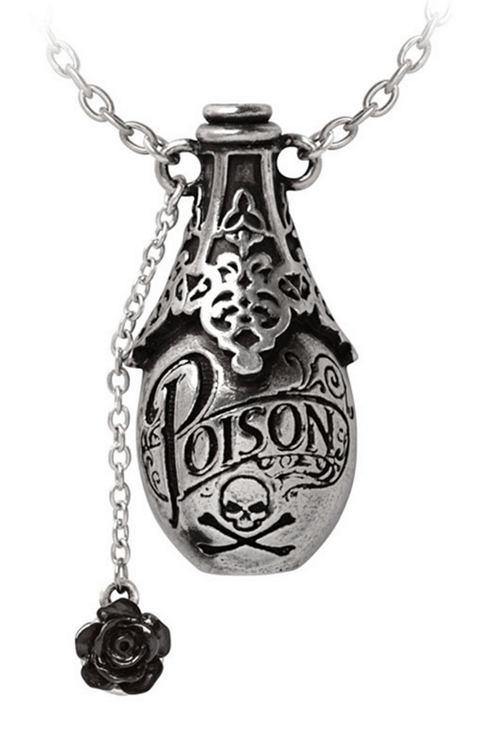Vintage poison bottle pendant necklace featuring intricate skull design and black rose detail.