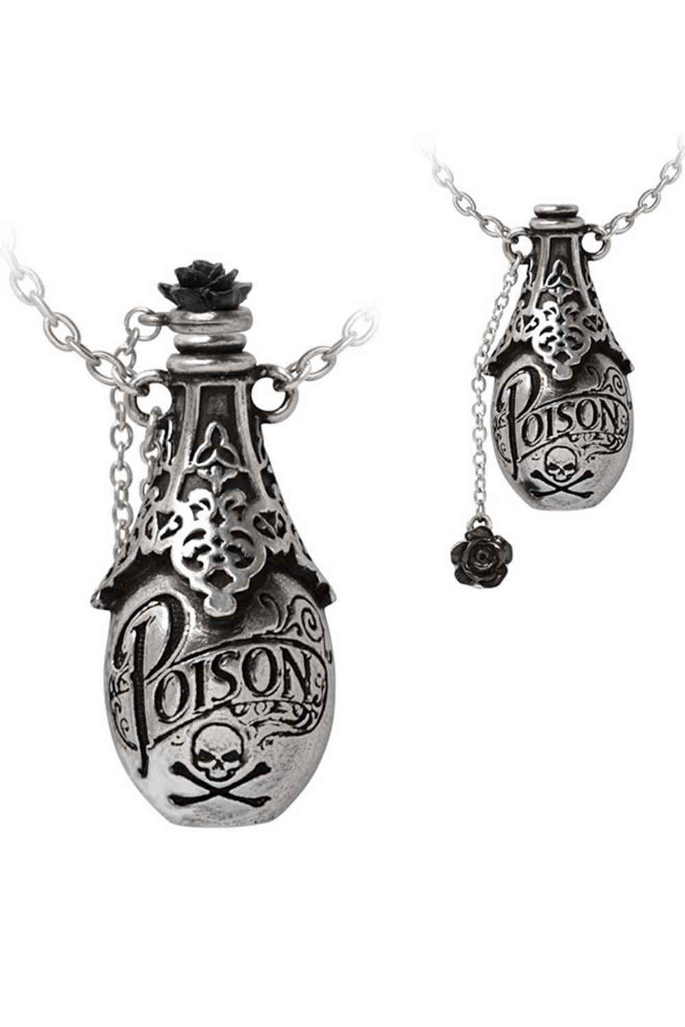 Vintage poison bottle pendant necklace with skull and black rose detail, perfect for dark elegance lovers.