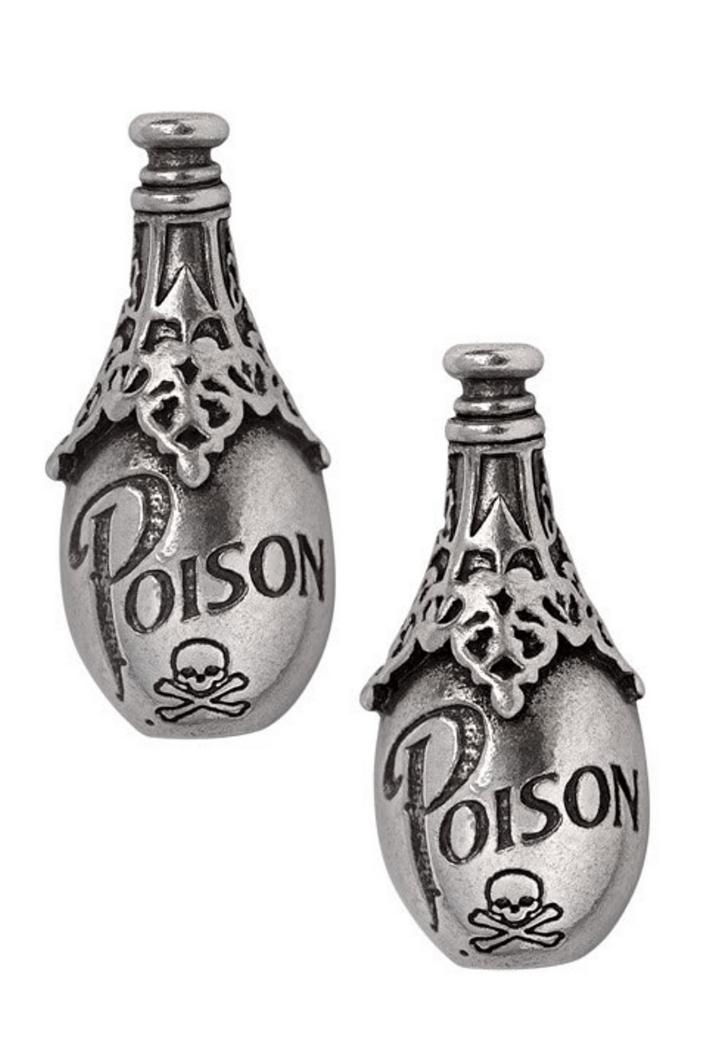 Gothic style poison bottle earrings in pewter with skull and 'Poison' inscription, perfect for bold statements.