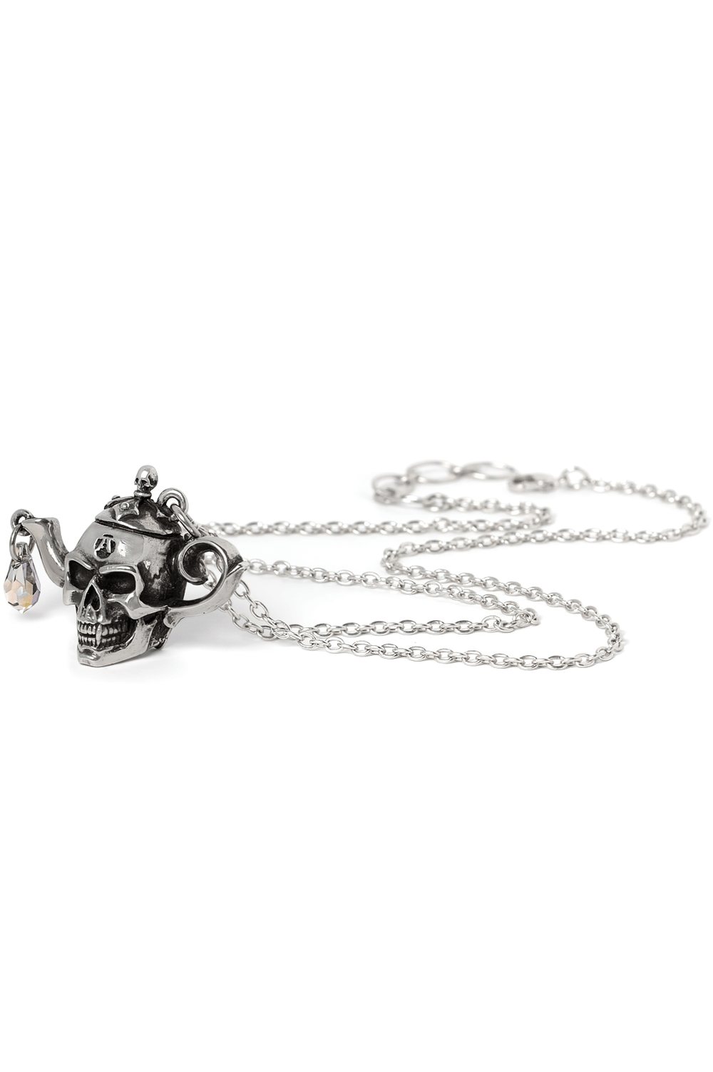 Poison Brew Skull Teapot Pendant with Crystal Drop, silver pendant featuring a skull teapot with crystal charm.