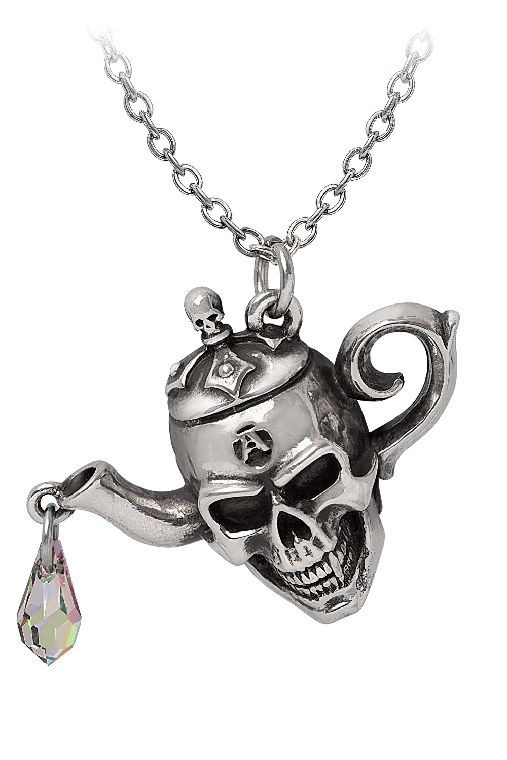 Poison Brew Skull Teapot Pendant with Crystal Drop featuring a skull teapot and iridescent crystal charm.