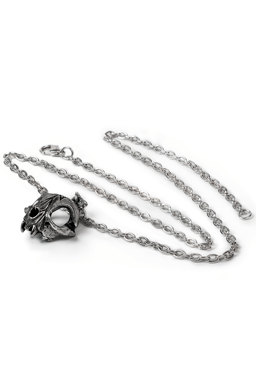 Polished cat skull pendant with pentagram design on a silver chain, symbolizing mystical connections.