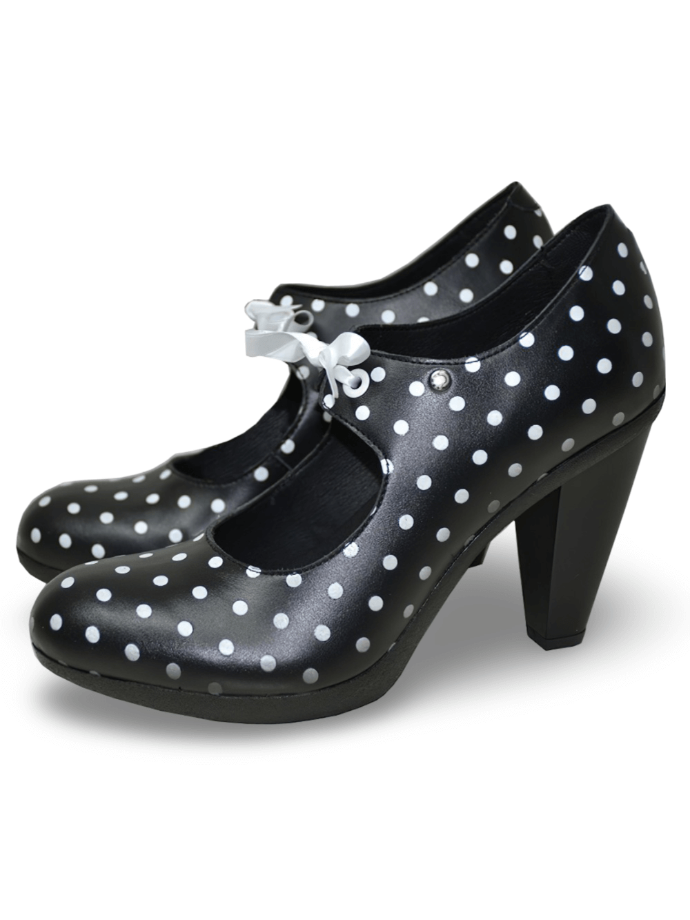 Polka Dot Grained Leather Pumps with Laces and Round Toes