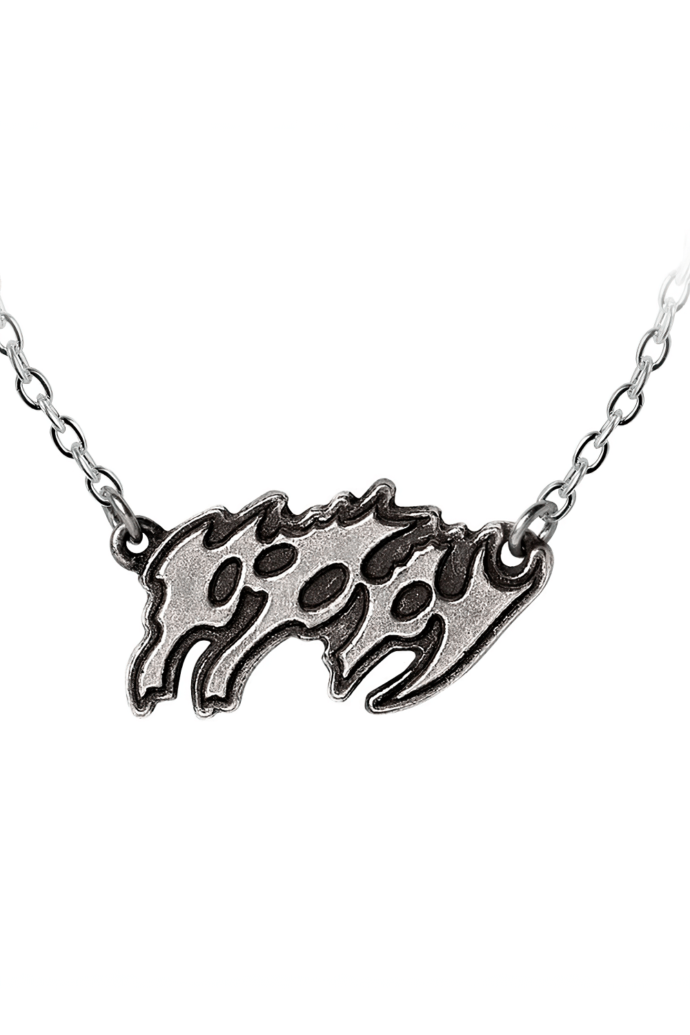 Poppy logo necklace in antiqued English pewter on a sleek chain, perfect for rock style lovers.