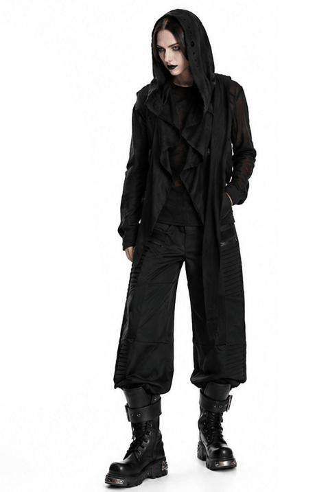 Post-Apocalyptic Black Hooded Cape Shawl Vest worn by a model in dark fashion outfit.