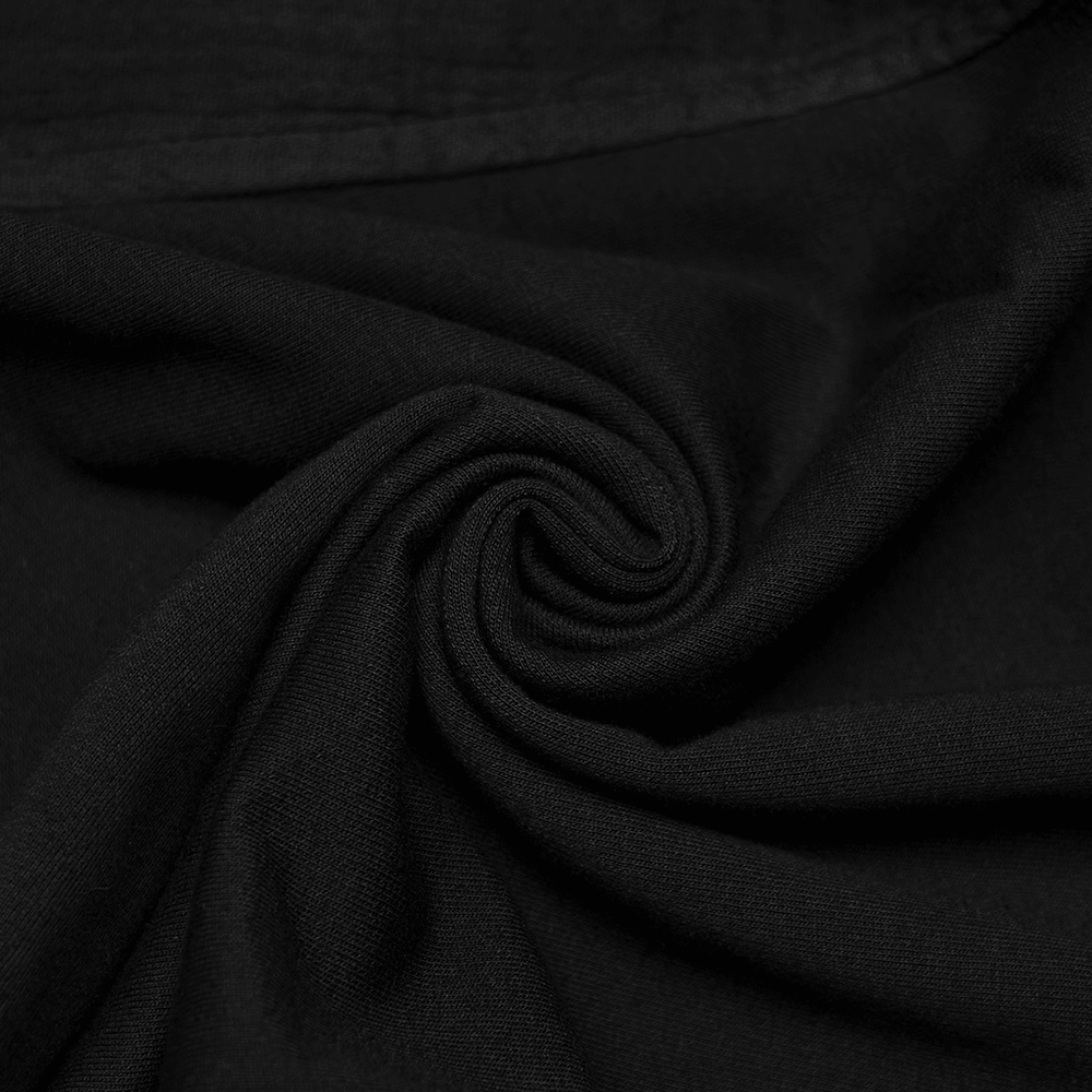 Post-Apocalyptic Black Hooded Cape Shawl Vest fabric detail, showcasing luxurious black material in a swirl pattern.