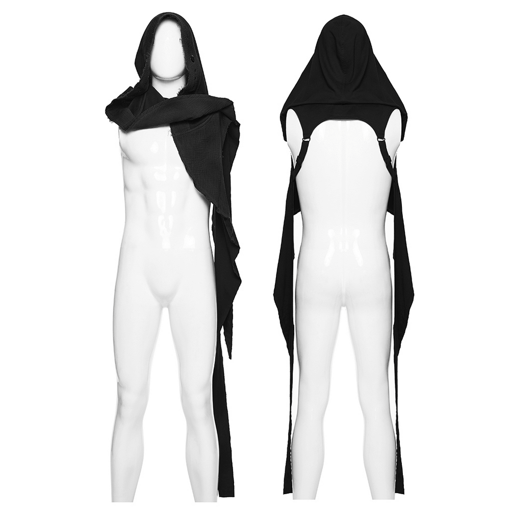 Post-Apocalyptic Black Hooded Cape Shawl Vest displayed on a mannequin, showcasing front and back views.