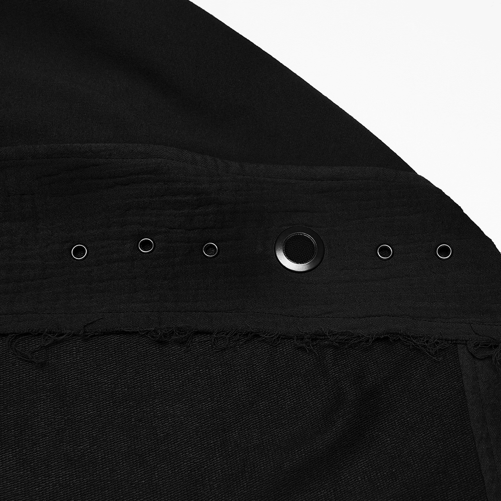 Post-Apocalyptic Black Hooded Cape Shawl Vest showing detailed grommets and fabric texture.