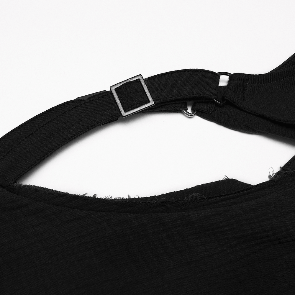 Post-Apocalyptic Black Hooded Cape Shawl Vest detail with adjustable strap and buckle.