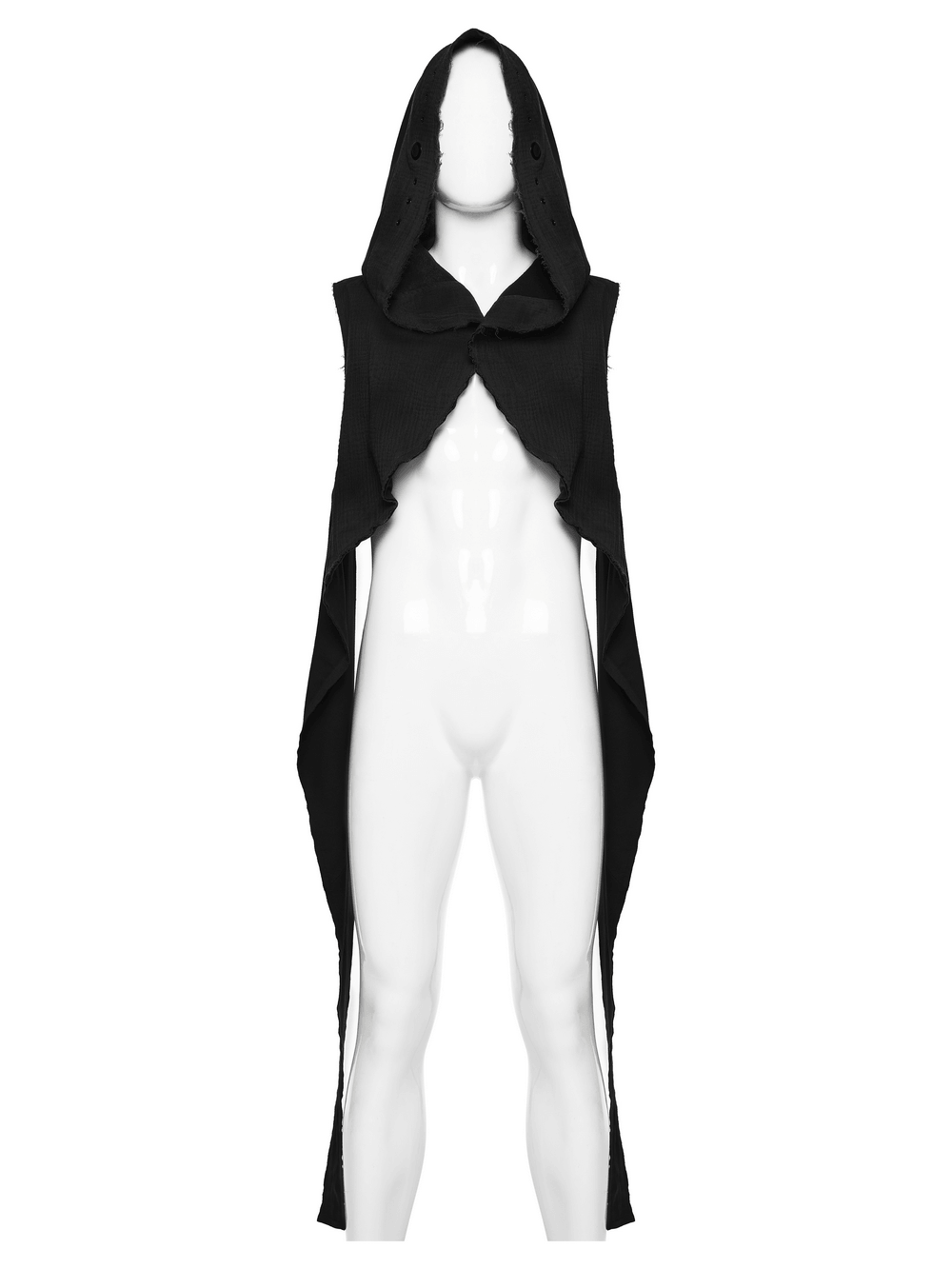 Post-Apocalyptic Black Hooded Cape Shawl Vest displayed on a mannequin.