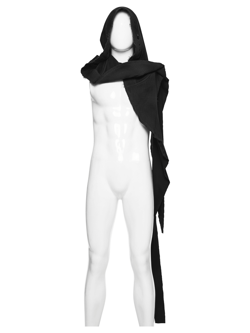 Post-Apocalyptic Black Hooded Cape Shawl Vest displayed on a mannequin in a striking black design.
