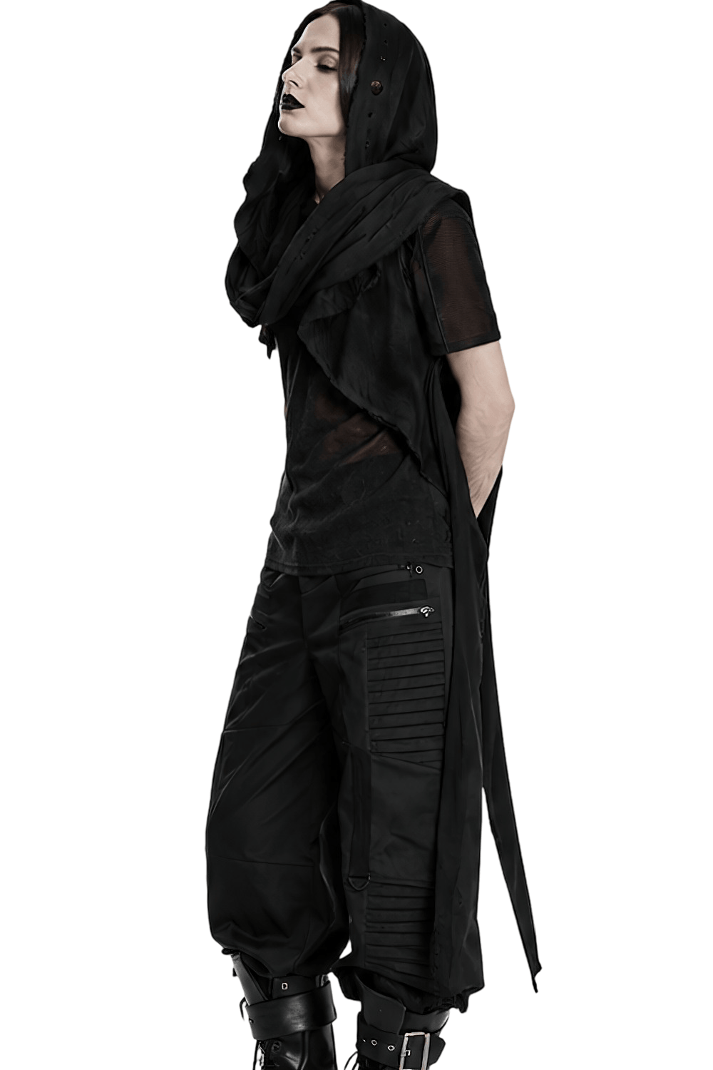 Post-Apocalyptic Black Hooded Cape Shawl Vest worn by a model in a dark outfit with unique style.