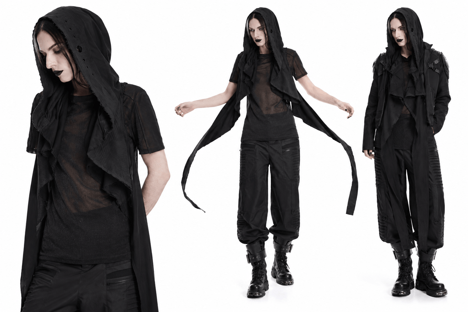 Post-Apocalyptic Black Hooded Cape Shawl Vest worn by a model, showcasing a dark and edgy style in three poses.