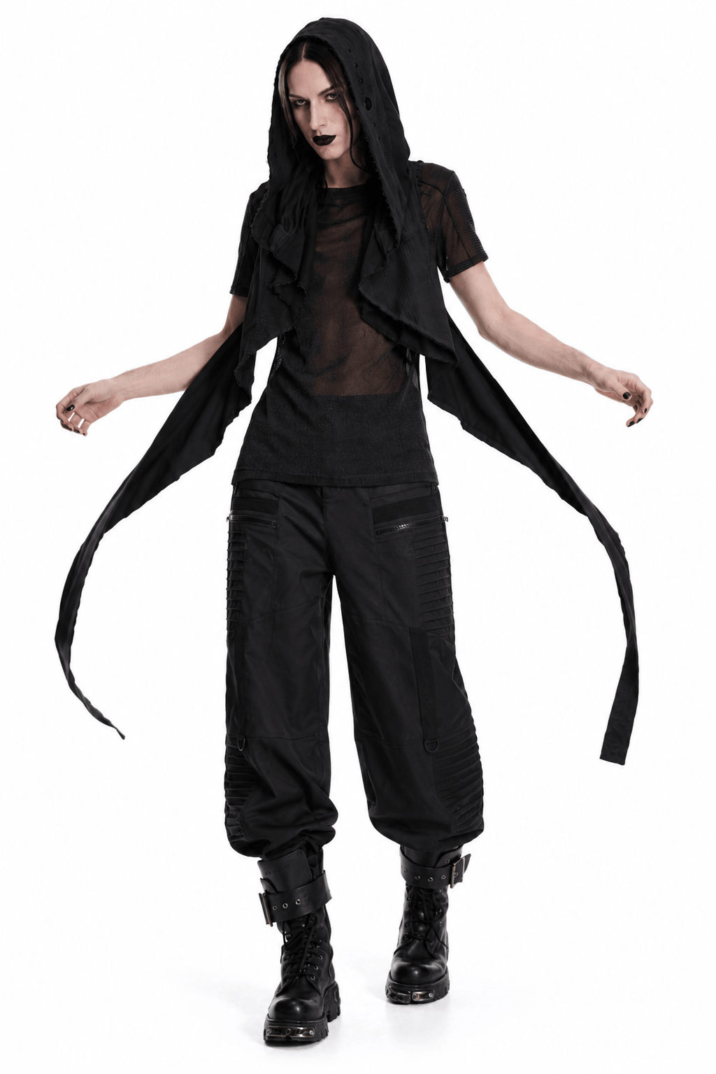 Model wearing a Post-Apocalyptic Black Hooded Cape Shawl Vest with edgy black pants and boots.