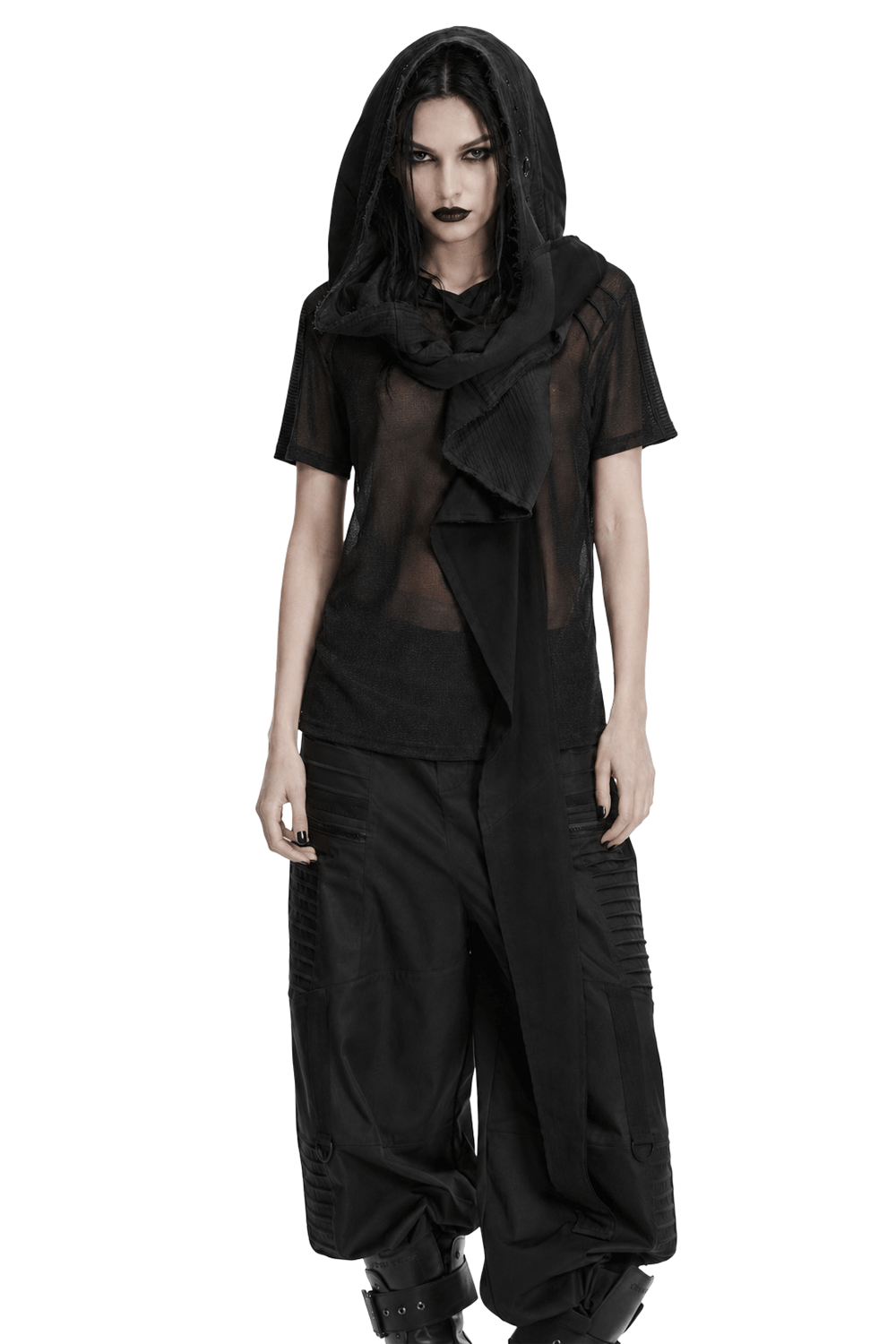 Post-Apocalyptic Black Hooded Cape Shawl Vest worn by model with dark makeup and black outfit.