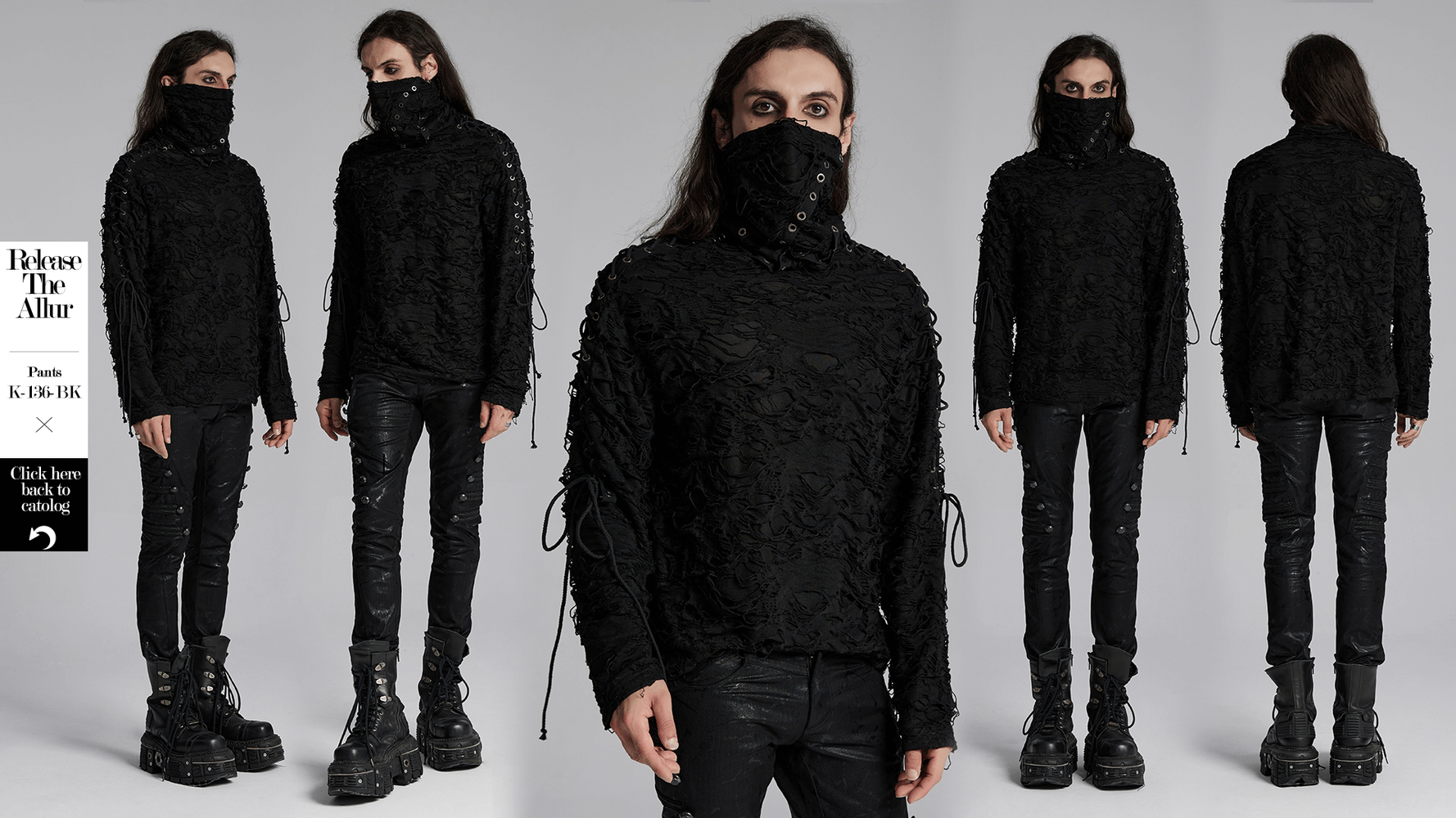 Post-apocalyptic distressed high-neck top with mask, featuring eyelet details and a bold gothic style.