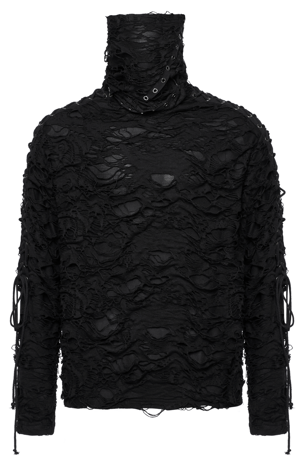 Distressed black high-neck top with eyelet webbings and integrated face mask for a bold, post-apocalyptic style.