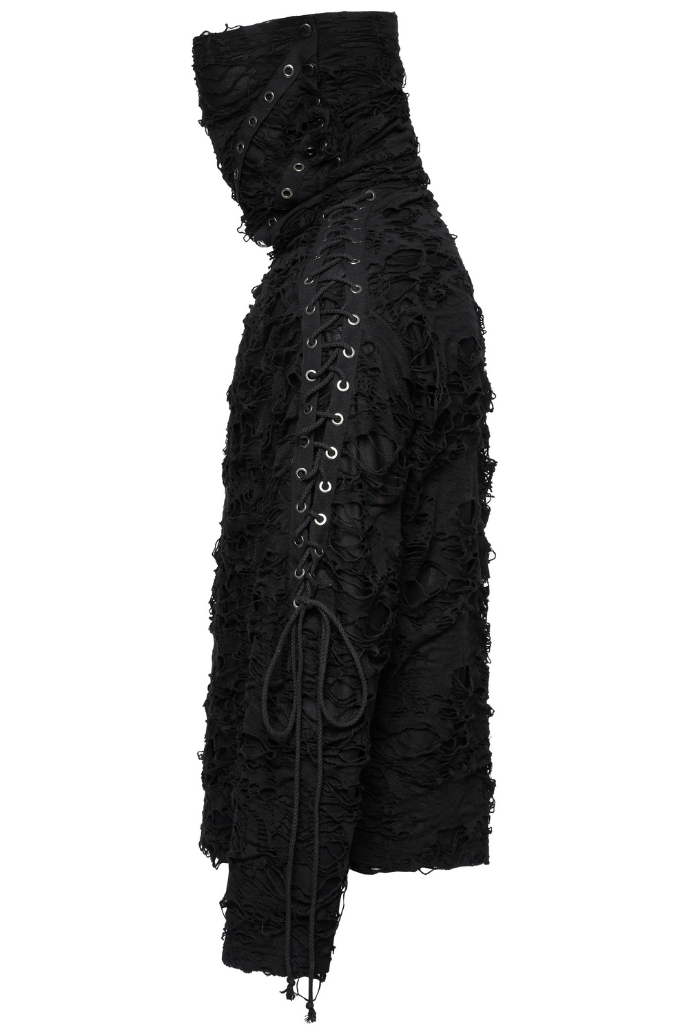 Post-apocalyptic distressed high-neck top with eyelet detailing and mask hood in black fabric. Stylish and edgy look.