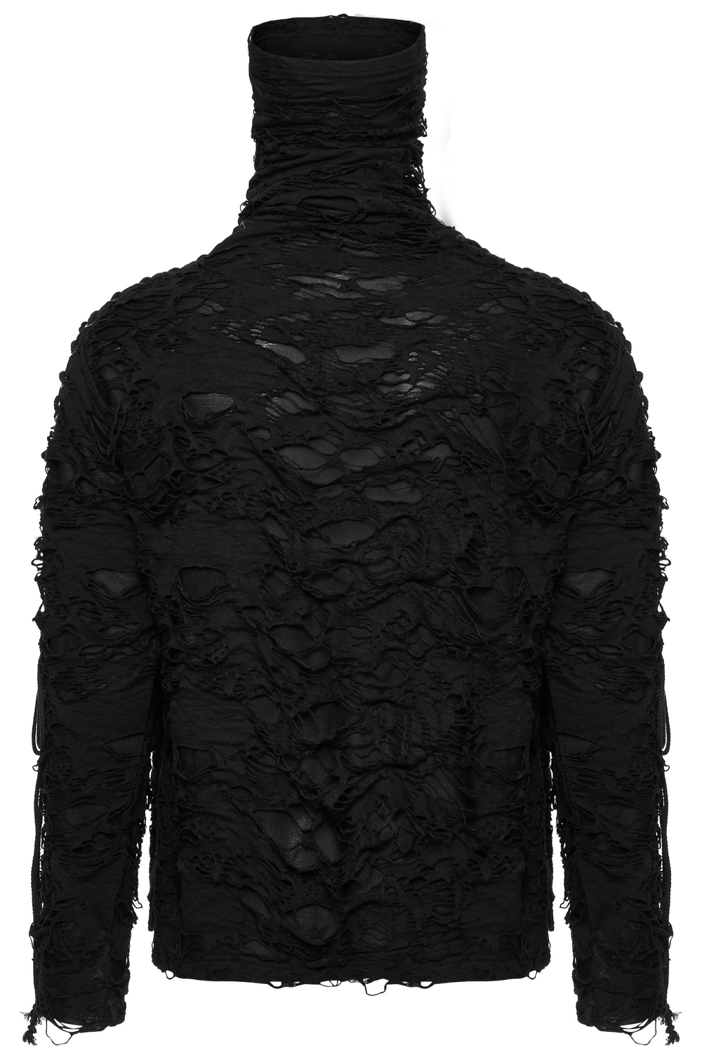 Distressed black high-neck top with avant-garde design and eyelet detailing, perfect for a post-apocalyptic look.