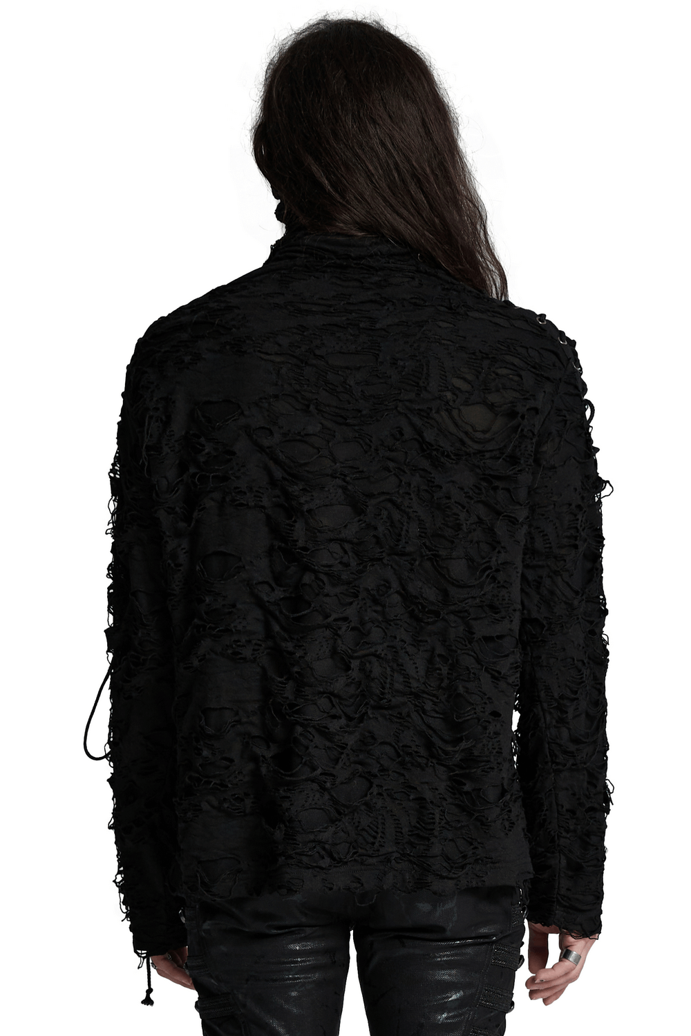 Back view of a distressed black knit high-neck top with unique texture and avant-garde style.