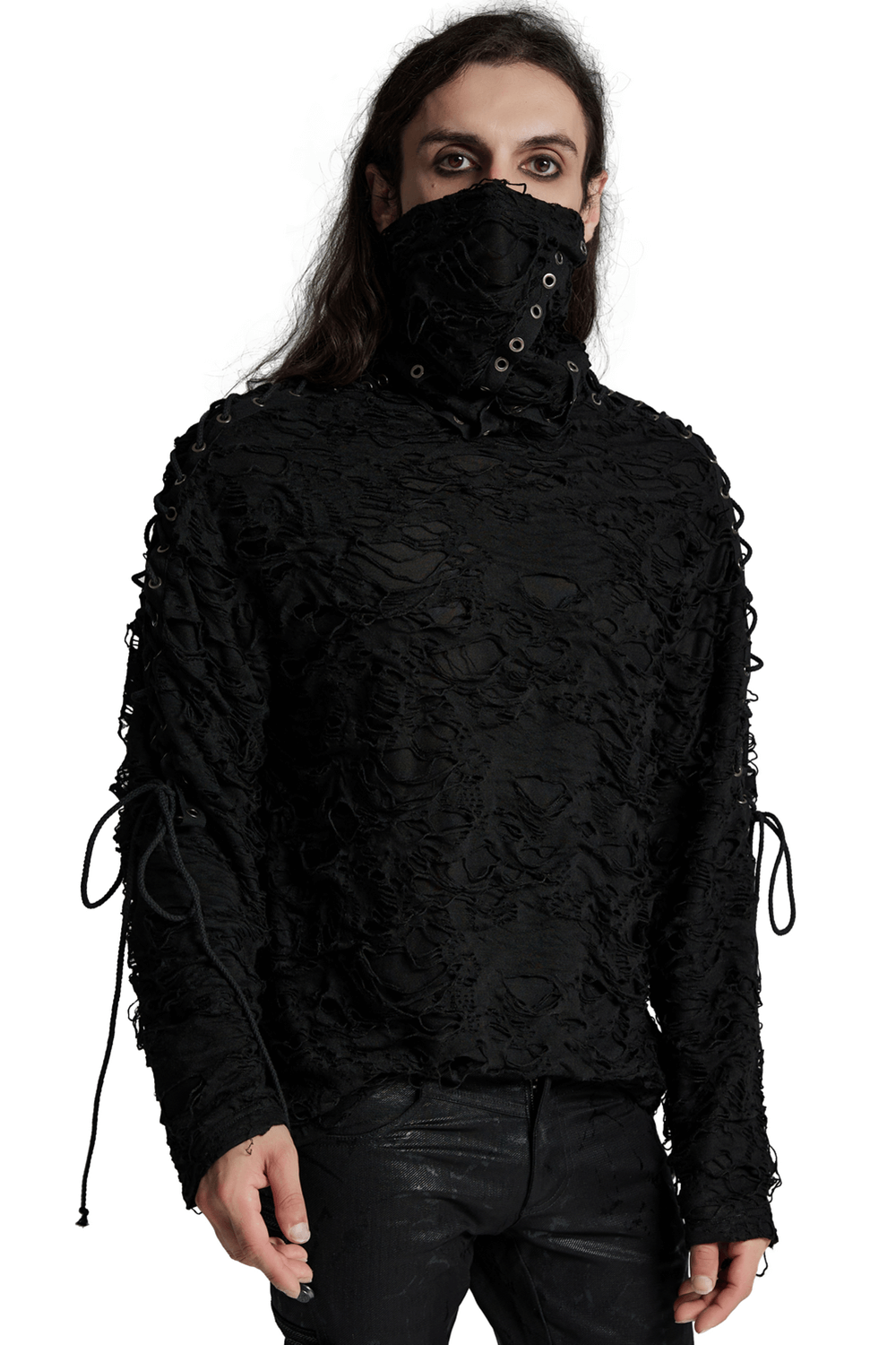 Post-apocalyptic distressed high-neck top with integrated mask and eyelet details, perfect for an edgy gothic style.