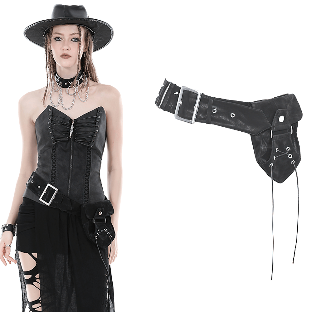 Post-apocalyptic faux leather pocket belt for women, featuring lace-up closure and punk rock style, perfect for edgy looks.