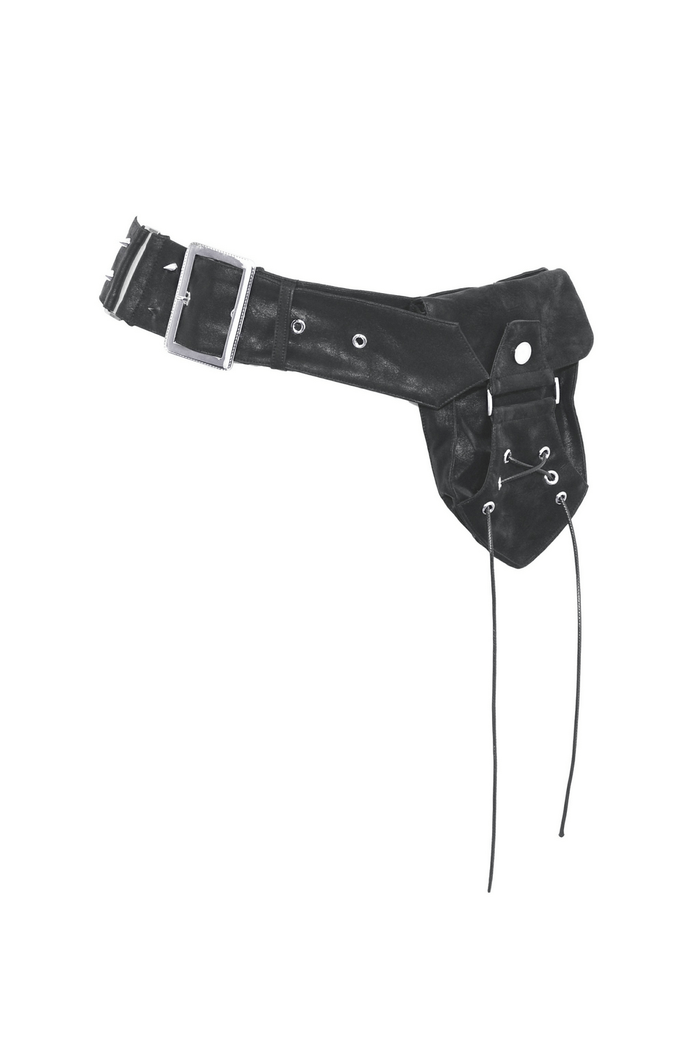 Post-apocalyptic faux leather pocket belt for women, featuring lace-up closure and adjustable fit in punk rock style.