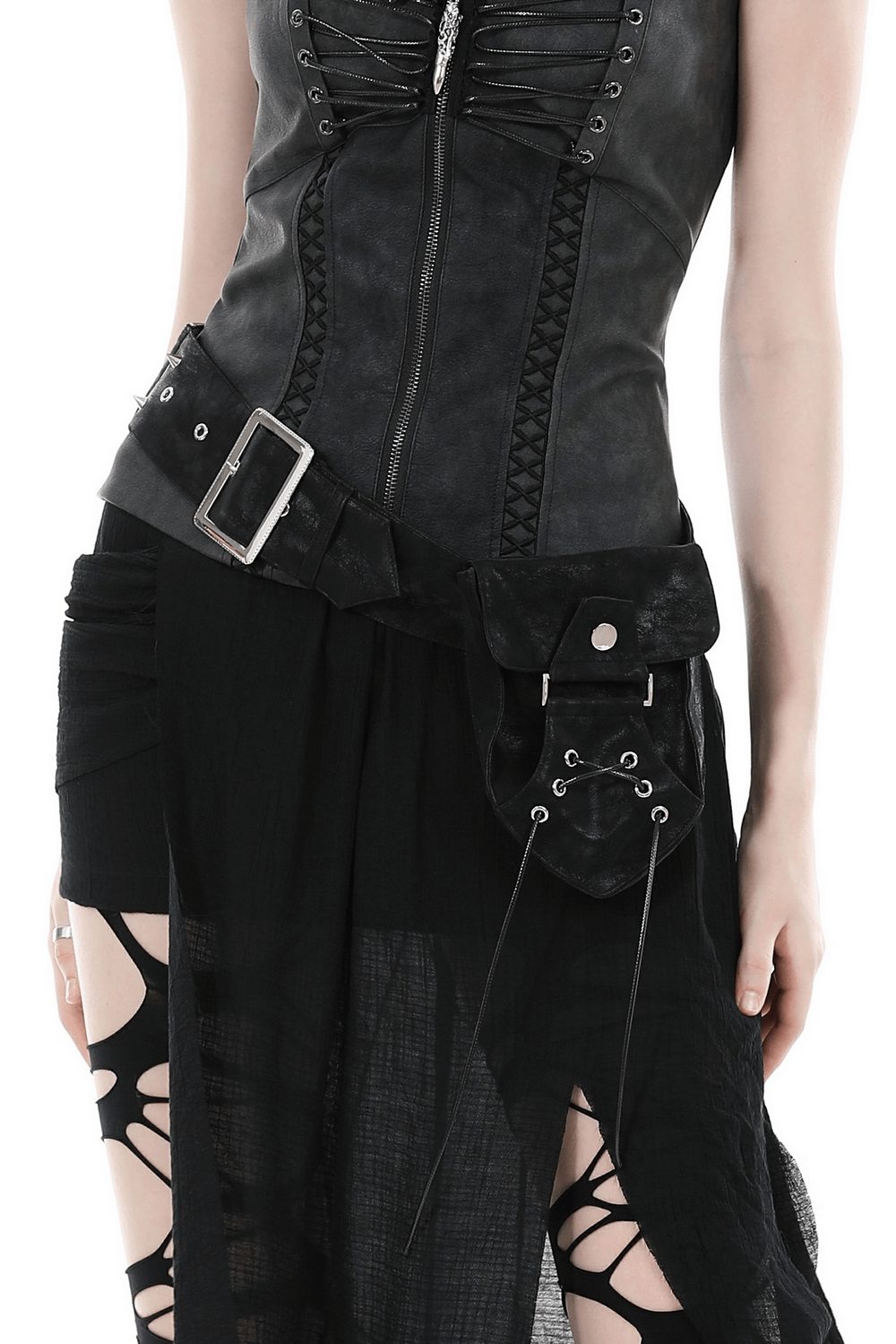 Post-apocalyptic punk rock style black faux leather pocket belt with lace-up detail for women.